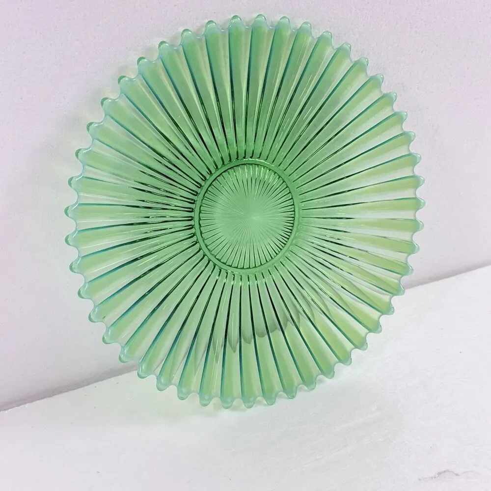 Vintage Green Opalescent Carnival Glass Bowl Sunburst Ribbed Spiked Beaded Edge